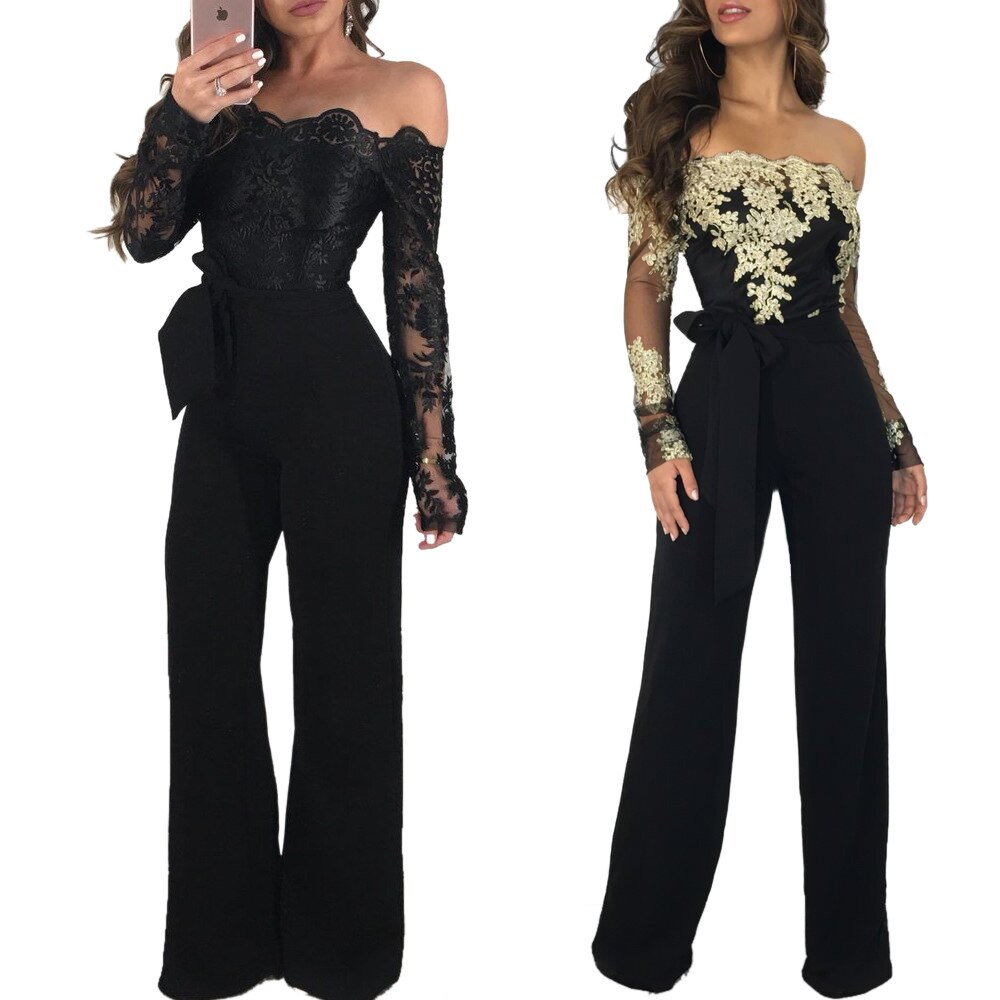 Sexy Off Shoulder Women Sequins Jumpsuits Fashion Slash Neck Long Pants Elegant Rompers Floral Embroidery Lady Overalls