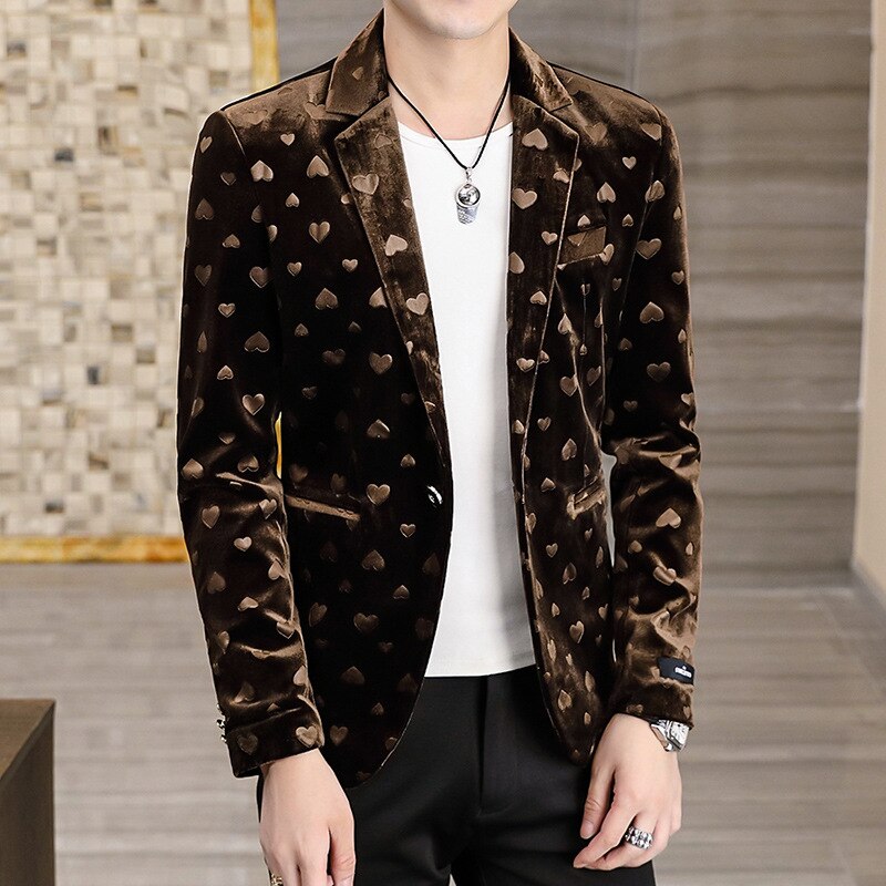 Men New Four Seasons Heart-Shaped Jacquard blazer Gold Velvet Casual Slim Handsome