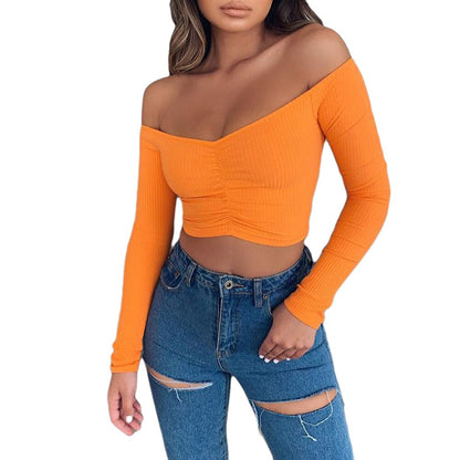 V Neck tshirt Elegant Party Club Tee Shirt Femme Dames Streetwear Women Summer Long Sleeve T Shirt Off Shoulder Crop Top