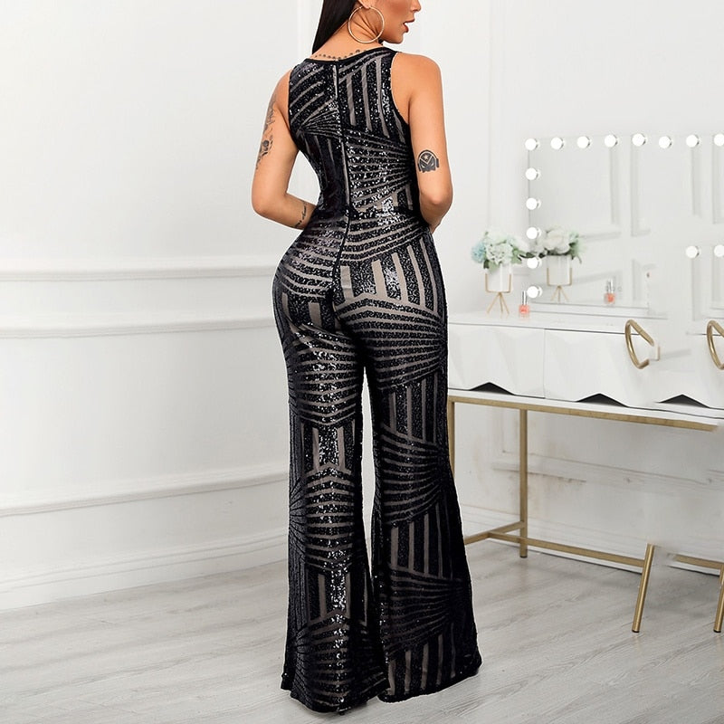 Sequined Jumpsuit Women Fashion Elegant Casual Workwear Party Romper Overalls Female Sleeveless Zipper Pocket Design Jumpsuits