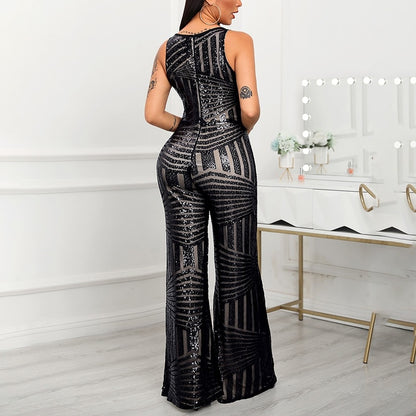 Sequined Jumpsuit Women Fashion Elegant Casual Workwear Party Romper Overalls Female Sleeveless Zipper Pocket Design Jumpsuits