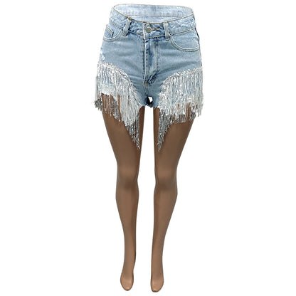 Women Sexy Beads Tassel Zipper Denim Shorts