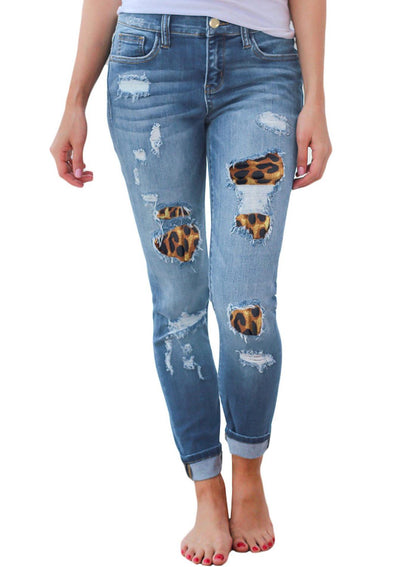 New women ripped leopard print jeans Fashion stretch Skinny denim pencil pants S-2XL