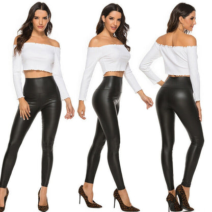 Leather Shiny Sexy Leggings for Women Vadim 2021 Summer High Waist Black Stretchy Faux Leather Pant Mujer Leggings Ropa