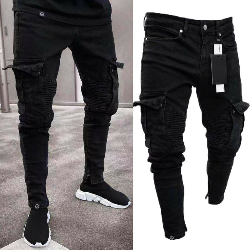 MEN BIKER RIPPED TROUSERS SKINNY JEANS