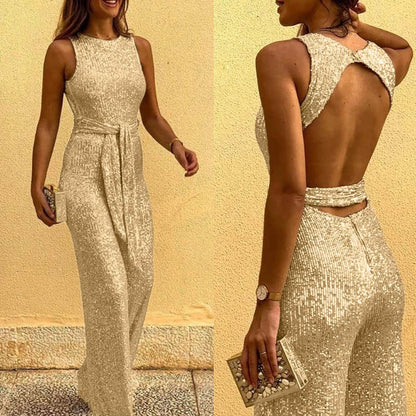 Sequined Jumpsuit Women Fashion Elegant Casual Workwear Party Romper Overalls Female Sleeveless Zipper Pocket Design Jumpsuits