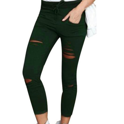 Plus Size Womens trousers Drawstring High Waist Pencil Pants Ripped Skinny Womens