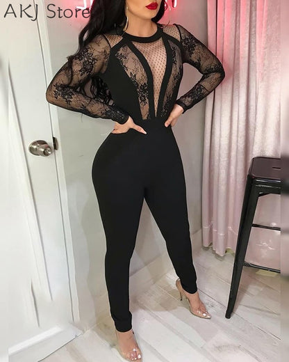 Women Long Sleeve Crochet Lace Dot Mesh Skinny Jumpsuit