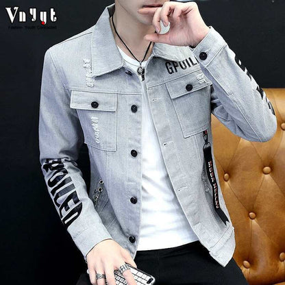 Fashion Hip Hop White Denim Jacket Male Cowboy Ripped Hole Denim Jacket