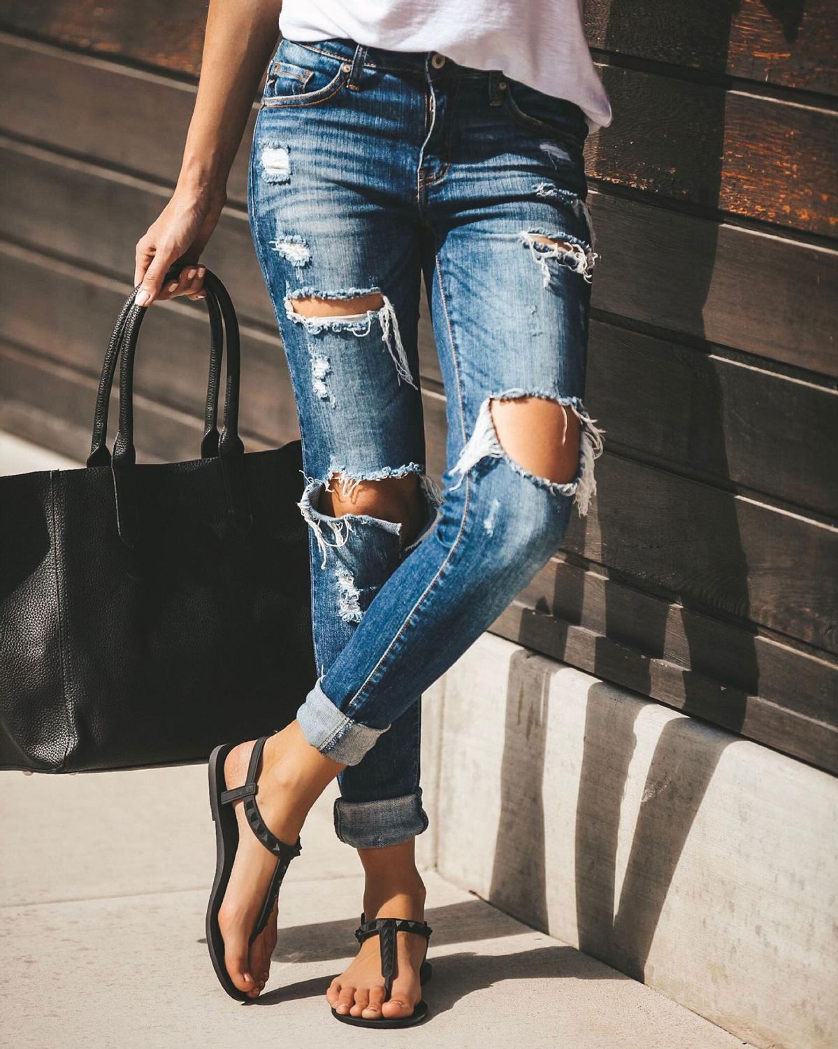 Hot sale woman ripped jeans fashion trendy stretch slim denim jeans casual pants S-2XL