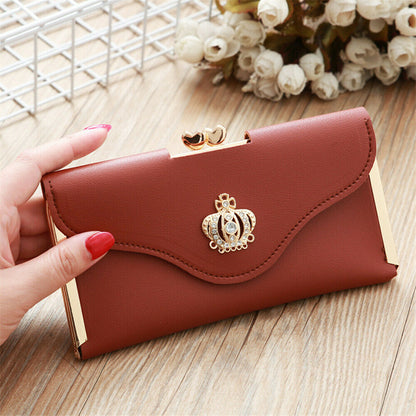 Womens Wallet Ladies Crystal Diamond Crown Decorated Long Card Holder Clutch Bag Case Female Retro Leather Purse Handbag