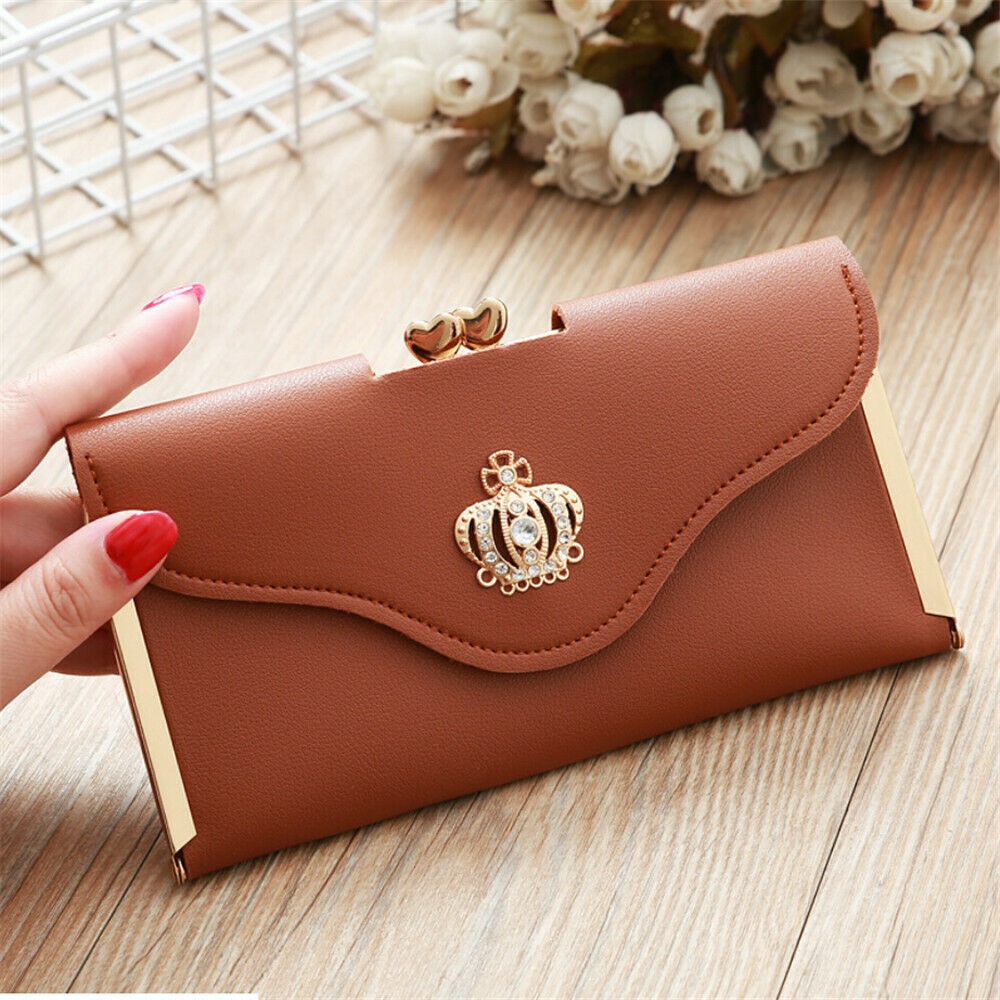 Womens Wallet Ladies Crystal Diamond Crown Decorated Long Card Holder Clutch Bag Case Female Retro Leather Purse Handbag