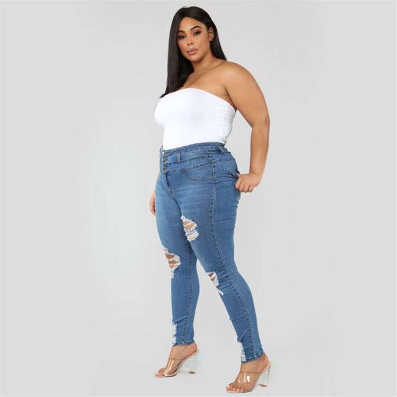 Plus size clothing XL-5XL women ripped jeans high waist skinny denim jeans casual pants