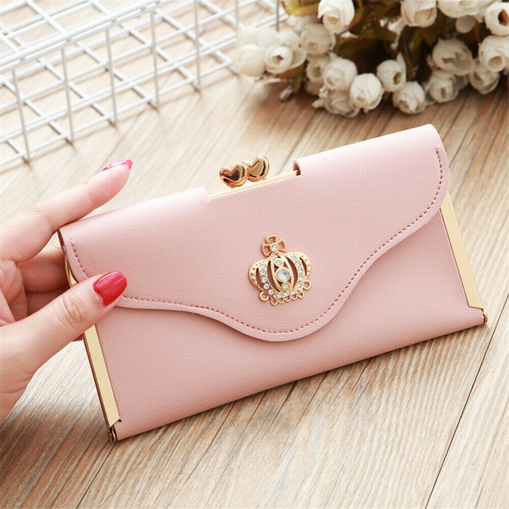 Womens Wallet Ladies Crystal Diamond Crown Decorated Long Card Holder Clutch Bag Case Female Retro Leather Purse Handbag