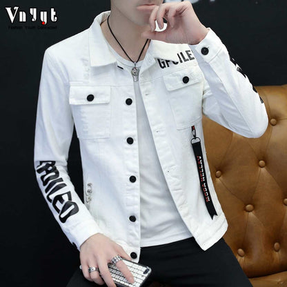 Fashion Hip Hop White Denim Jacket Male Cowboy Ripped Hole Denim Jacket