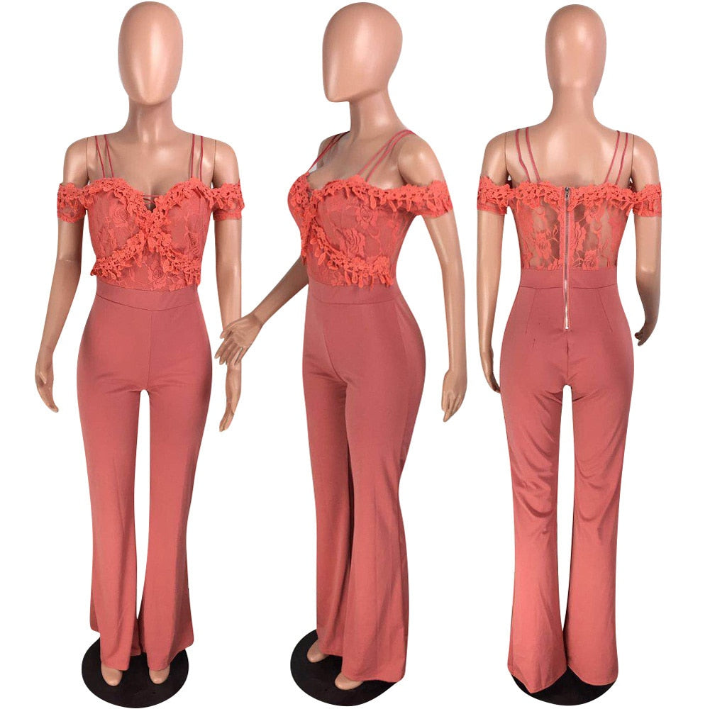 Wide Leg Club Jumpsuit Sexy Women Spaghetti Strap Elegant Lace Party Overalls Rompers