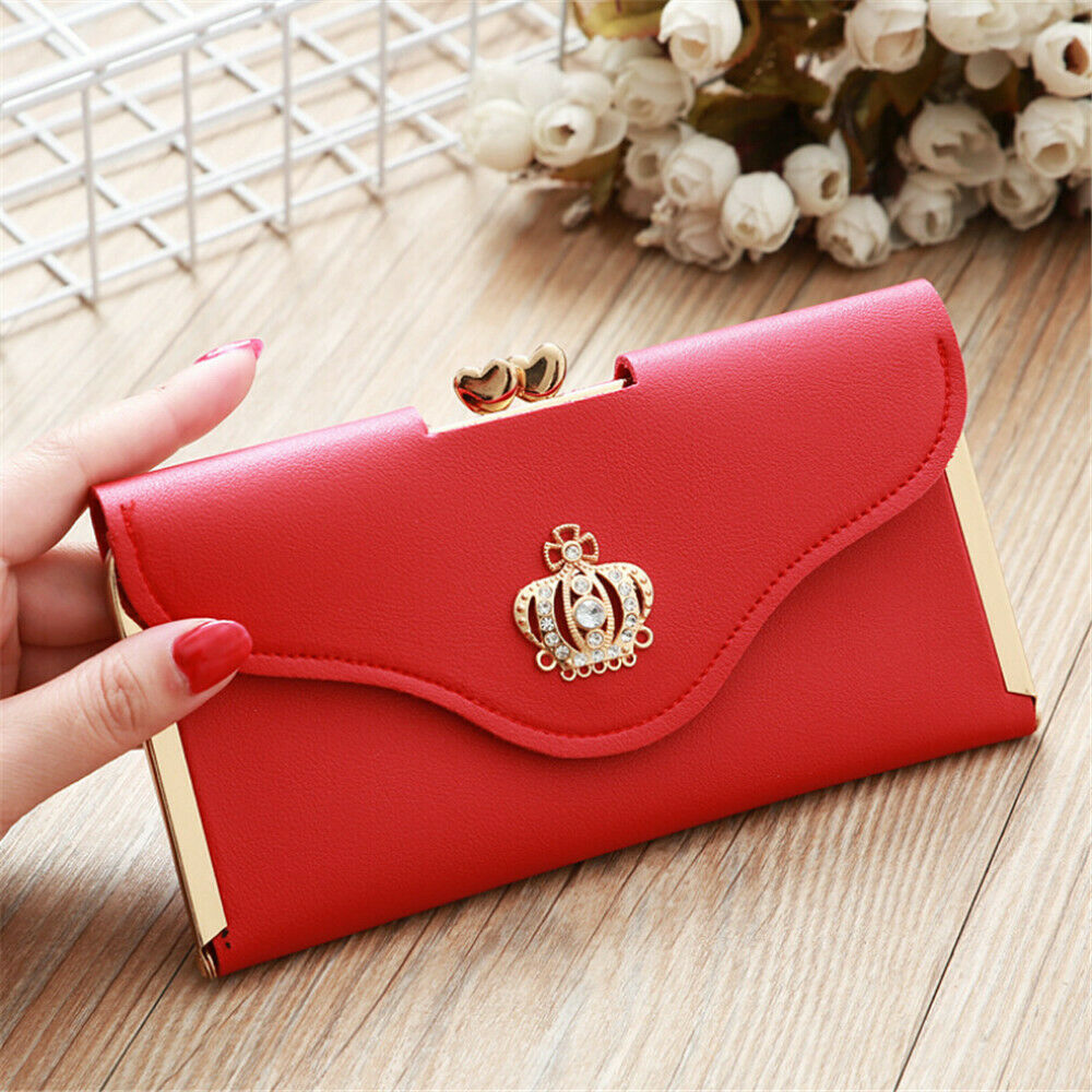 Womens Wallet Ladies Crystal Diamond Crown Decorated Long Card Holder Clutch Bag Case Female Retro Leather Purse Handbag