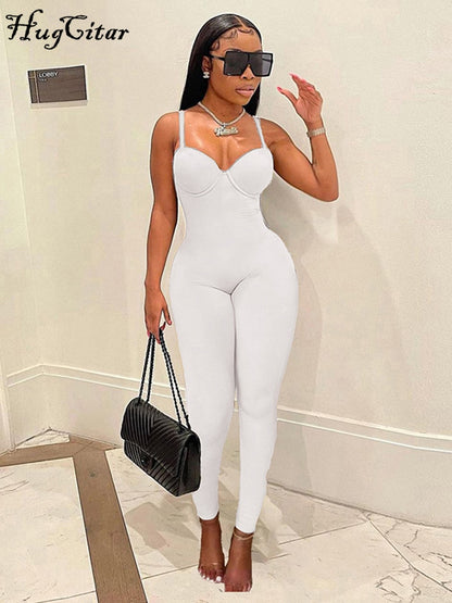 Hugcitar Slip Solid Sleeveless Square Collar Skinny Sexy Jumpsuit 2022 Spring Bodycon Elegant Streetwear Party Club Outfits Y2K