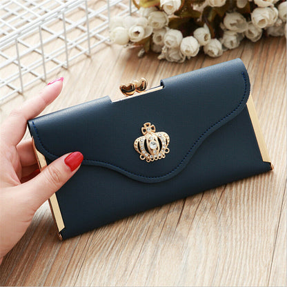 Womens Wallet Ladies Crystal Diamond Crown Decorated Long Card Holder Clutch Bag Case Female Retro Leather Purse Handbag