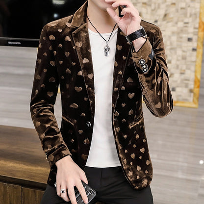 Men New Four Seasons Heart-Shaped Jacquard blazer Gold Velvet Casual Slim Handsome