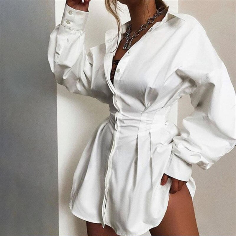 Women Shirts Dress Office Lady Long Puff Sleeve V-Neck High Waist Mini Dress Solid White Black Defined Waist Shirt Tunic Dress