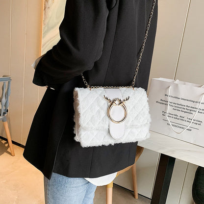 Stylish Women Square Shoulder Bag, Deer Head Pattern Plush Crossbody with Chain Strap (Black, White, Khaki)