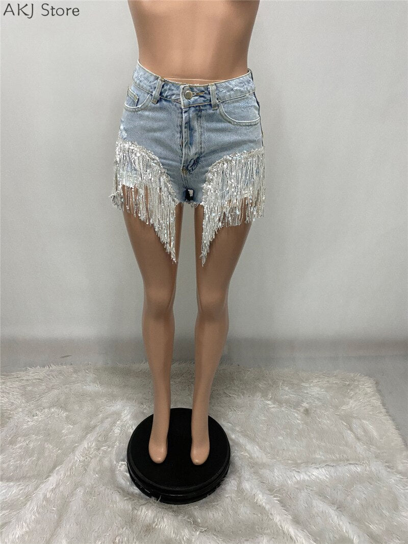 Women Sexy Beads Tassel Zipper Denim Shorts