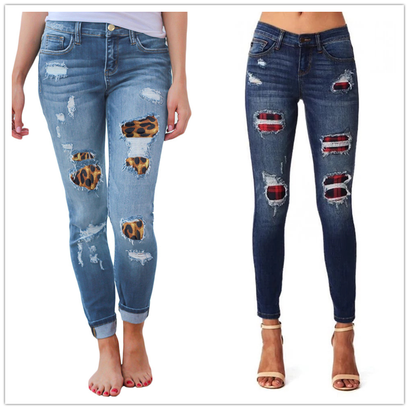 New women ripped leopard print jeans Fashion stretch Skinny denim pencil pants S-2XL