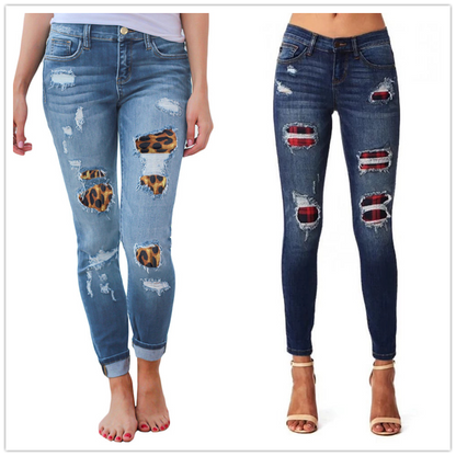 New women ripped leopard print jeans Fashion stretch Skinny denim pencil pants S-2XL