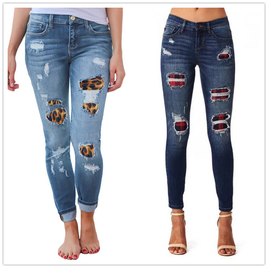 New women ripped leopard print jeans Fashion stretch Skinny denim pencil pants S-2XL