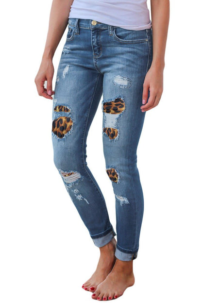 New women ripped leopard print jeans Fashion stretch Skinny denim pencil pants S-2XL