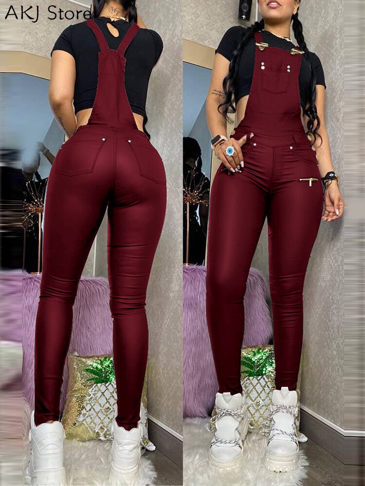 Women One Piece Outfits PU Jumpsuits Buckled Zipper Design Suspender Jumpsuit