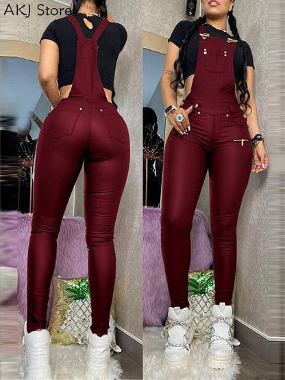 Women One Piece Outfits PU Jumpsuits Buckled Zipper Design Suspender Jumpsuit