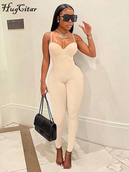 Hugcitar Slip Solid Sleeveless Square Collar Skinny Sexy Jumpsuit 2022 Spring Bodycon Elegant Streetwear Party Club Outfits Y2K