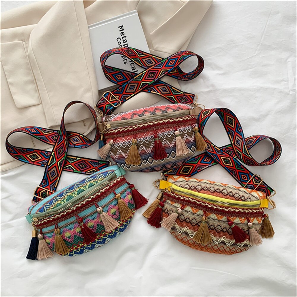 Tassel Ethnic Style Women Waist Packs Adjustable Strap Variegated Color Fanny Pack with Fringe Decor Waist Bags Travel