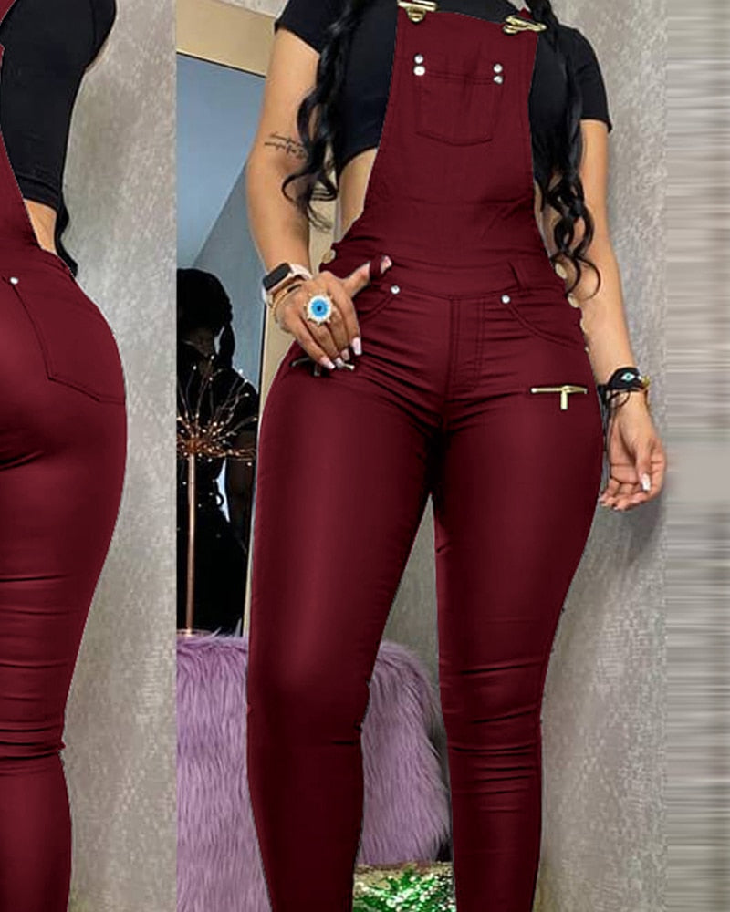 Women One Piece Outfits PU Jumpsuits Buckled Zipper Design Suspender Jumpsuit