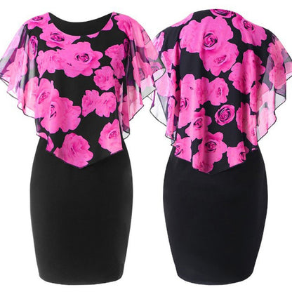 Summer Loose Womens Dress Elegant Office Lady Rose Flower Print Cape Bodycon Knee Length Dress Red