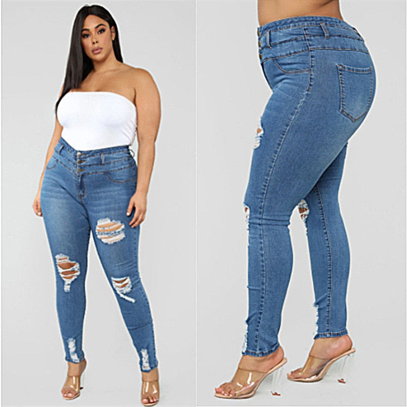 Plus size clothing XL-5XL women ripped jeans high waist skinny denim jeans casual pants