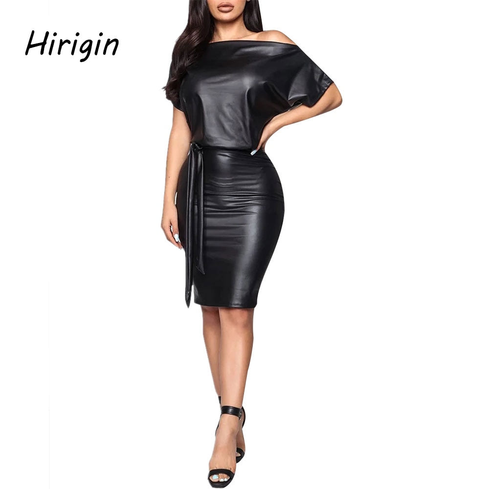 Women Faux PU Leather Slash Dress Off Shoulder PU Leather Dress High Elasticity Sheath Dress Bodycon Faux Leather PU Dresses