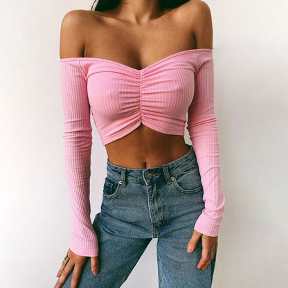 V Neck tshirt Elegant Party Club Tee Shirt Femme Dames Streetwear Women Summer Long Sleeve T Shirt Off Shoulder Crop Top