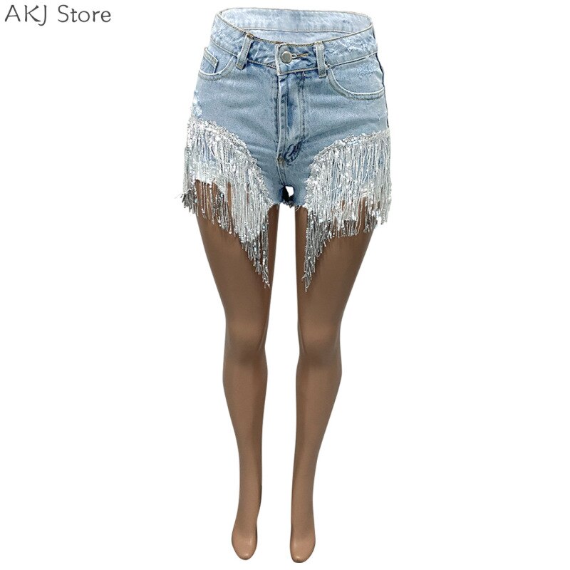 Women Sexy Beads Tassel Zipper Denim Shorts