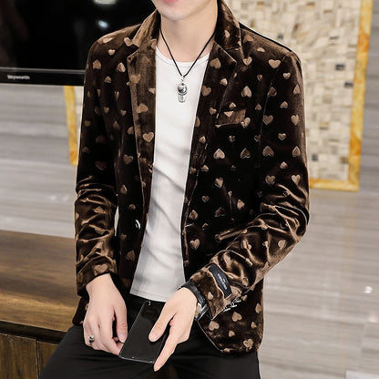 Men New Four Seasons Heart-Shaped Jacquard blazer Gold Velvet Casual Slim Handsome