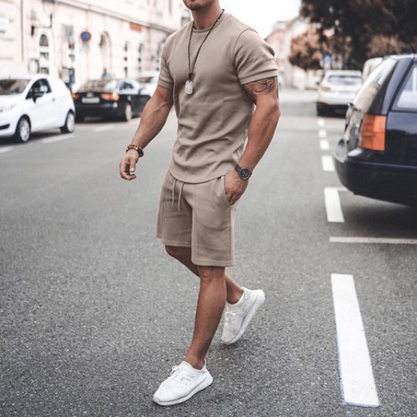 Men Summer Fashion Fitness Suit O-Neck Elastic Waist Breathable T-Shirt