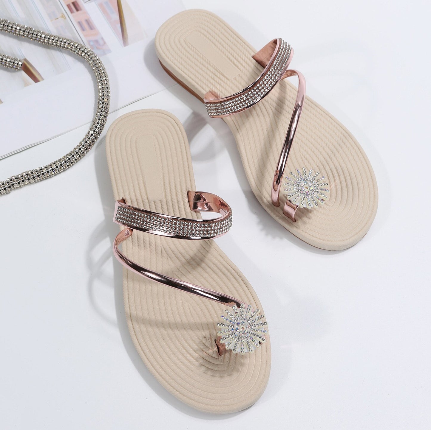 Summer Beach Slippers Women Pearl Set Toe Elastic Sandals Flat Strap Casual Home Sandals Slippers Beach Slippers Zapatos Mujer