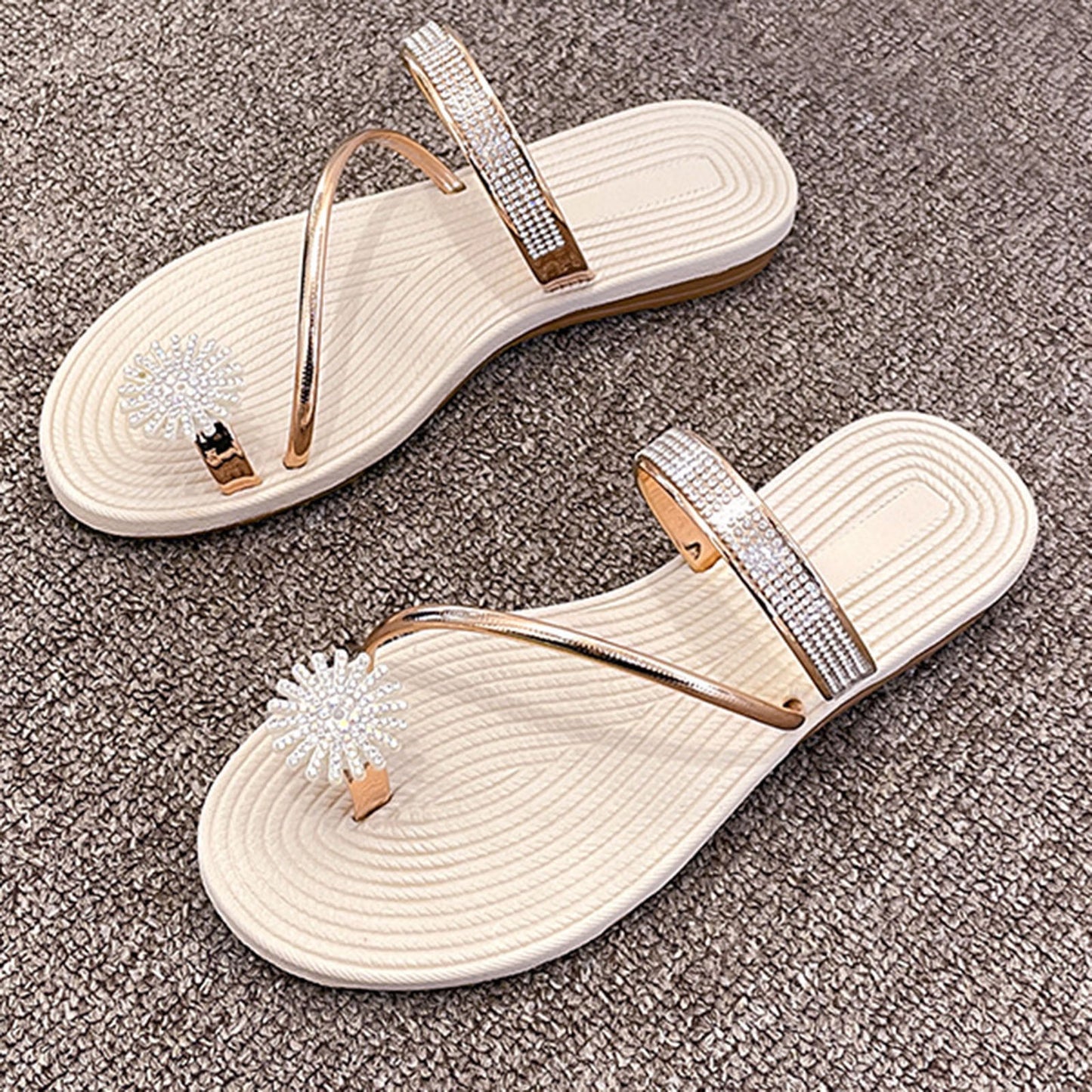 Summer Beach Slippers Women Pearl Set Toe Elastic Sandals Flat Strap Casual Home Sandals Slippers Beach Slippers Zapatos Mujer