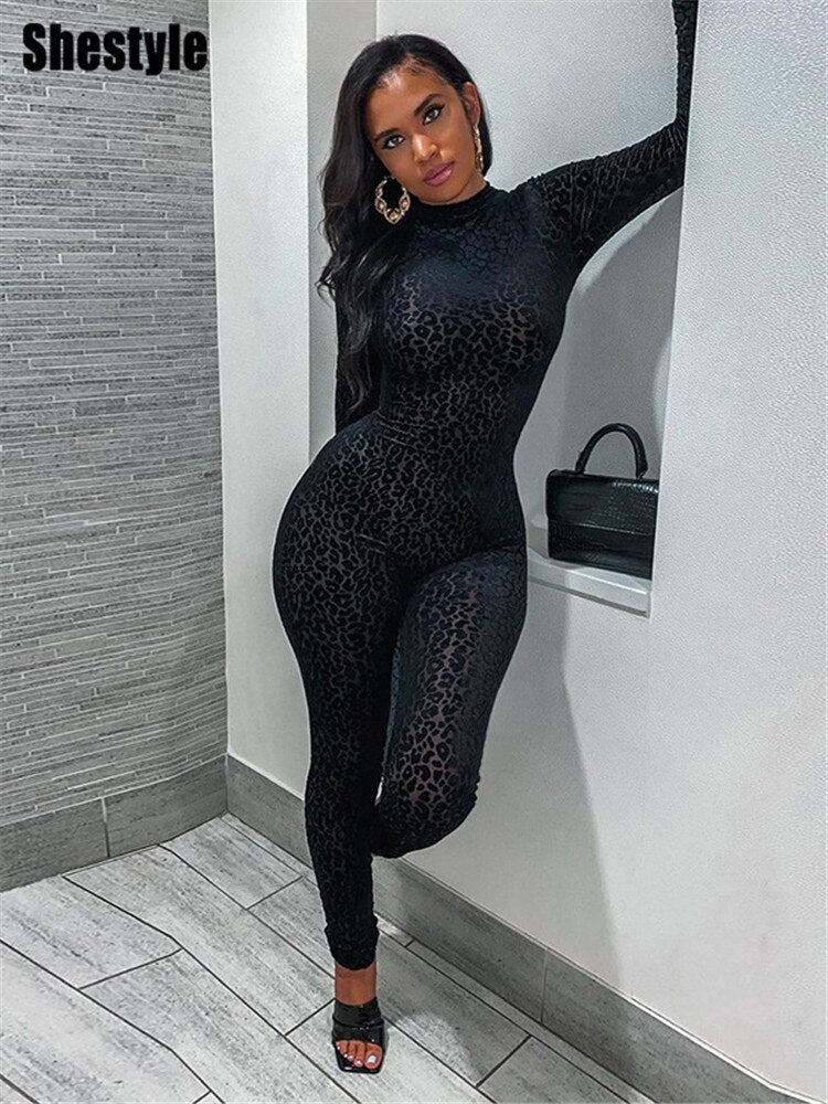 Leopard Transparent Jumpsuits Women Skinny Black Sexy Hot Clubwear