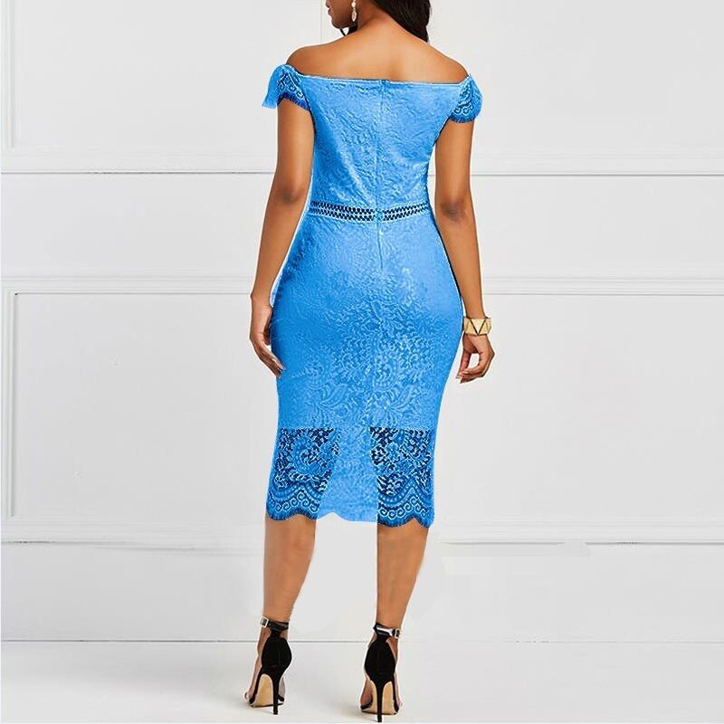 Women Dress Elegant Lace Evening Wedding Party Dress Ladies Blue Sexy Hollow Out Backless Bodycon Dresses Birthday Club Outfits