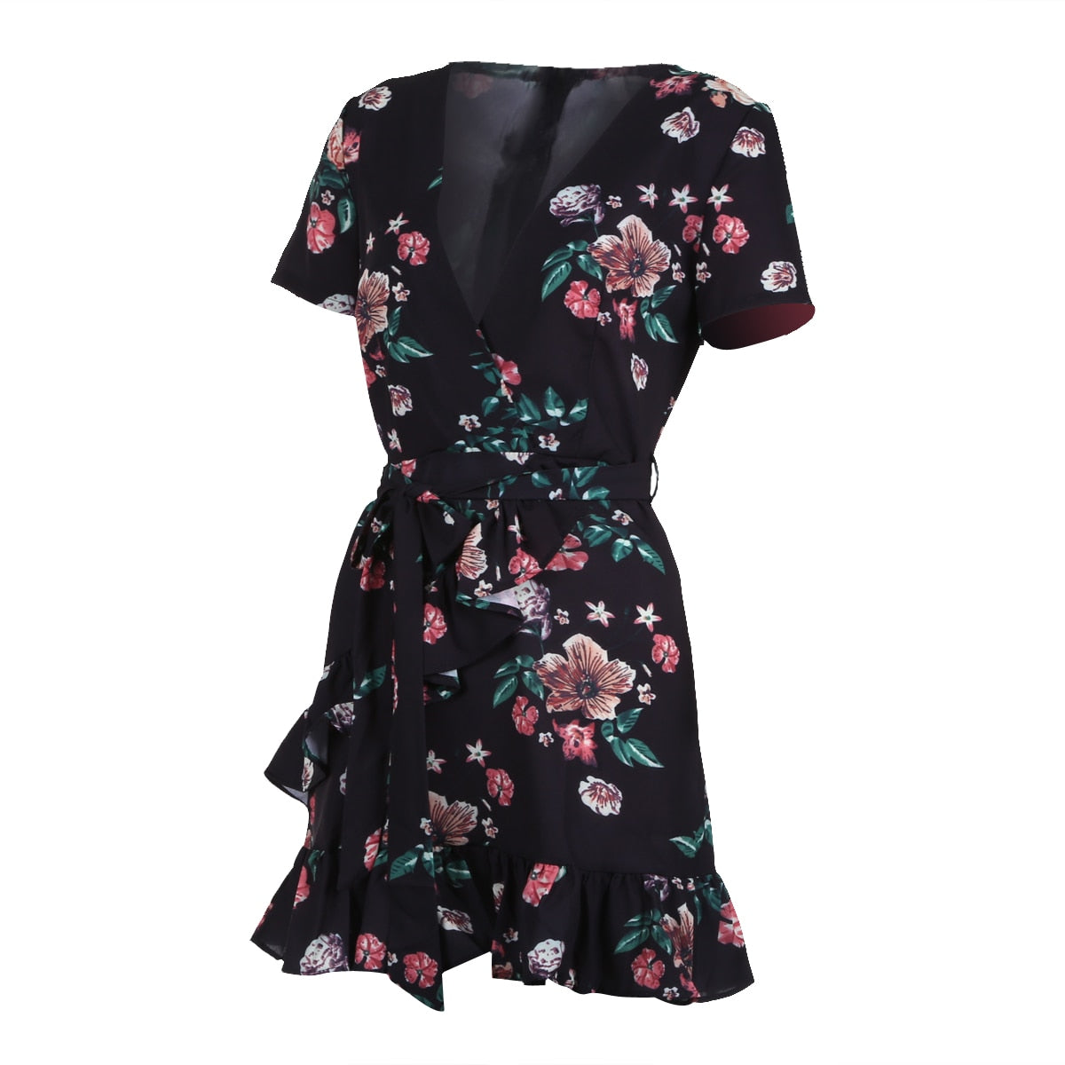 Women Dresses Sexy V Neck Floral Print Short Sleeve Ruffle Dress Fashion Summer Beach