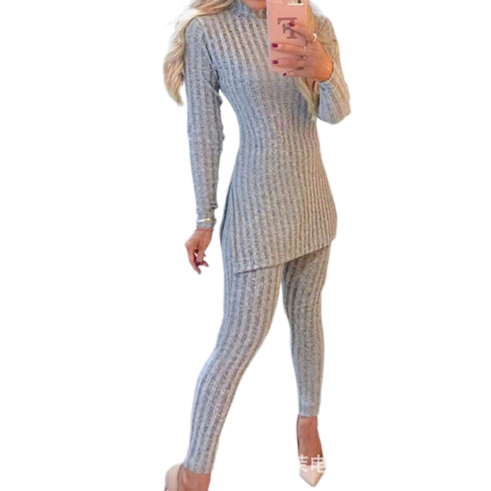 knit set for women 2-piece Set pants sets  Ribbed Slit Long Sleeve  High Waist Knitted Pencil Pants Set 2021 Winter Suit