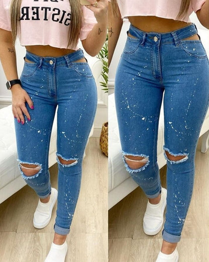 Jeans Women Denim Zipper Fly High Waist Ripped Skinny Plain Pocket Design Daily Long Jeans Autumn 2022